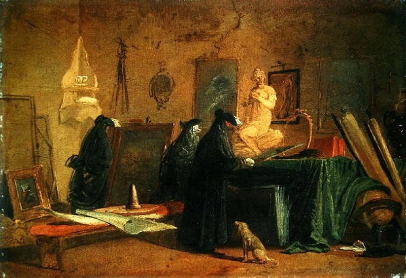 Connoisseurs in costume di carnevale in un interno con quadri e oggetti d'arte e scienza